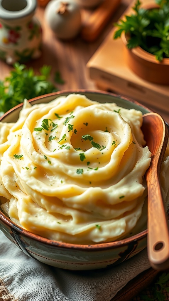 Creamy garlic mashed potatoes in a rustic bowl, garnished with parsley, on a wooden table.